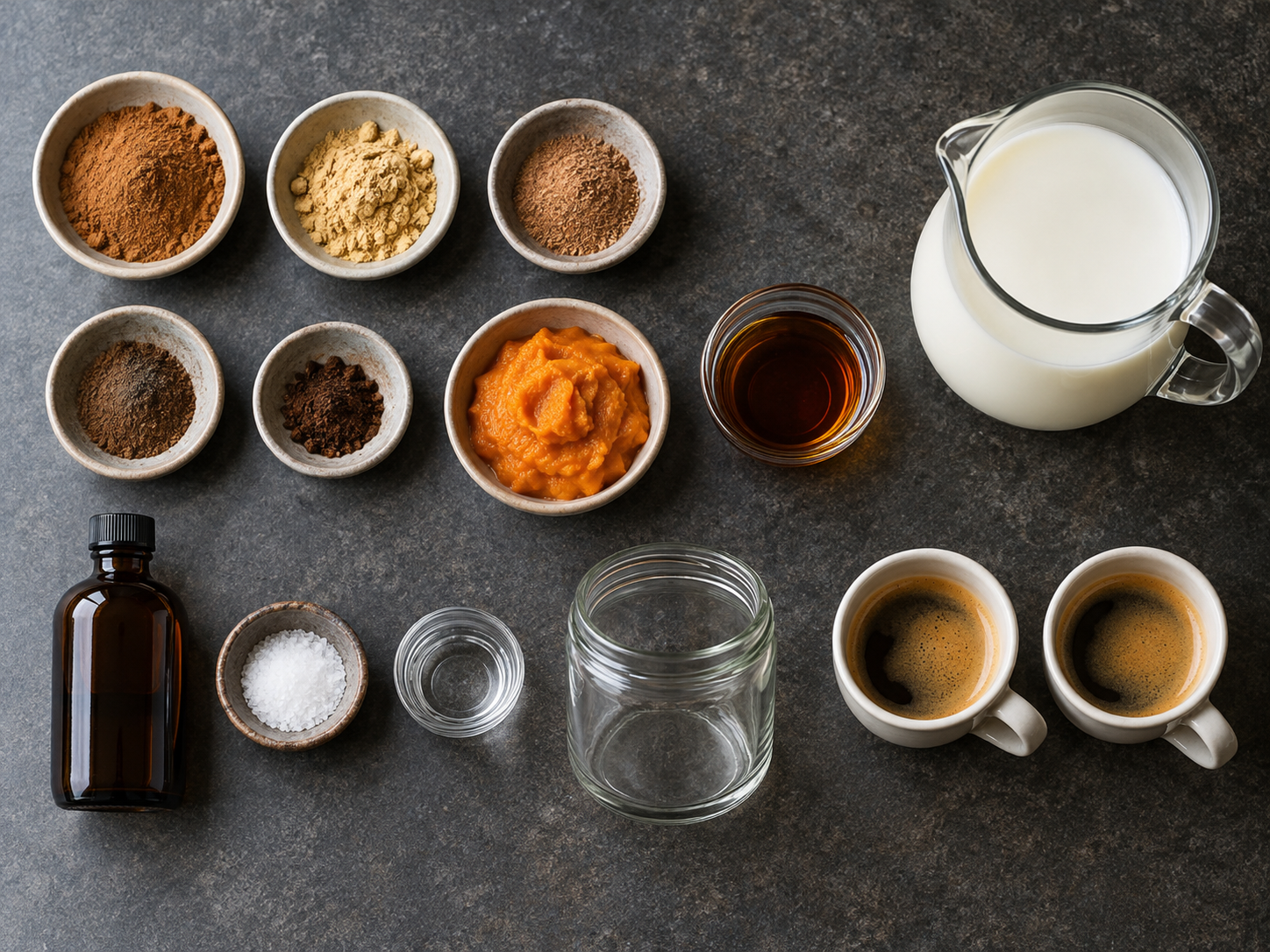 Abgemessene Zutaten für zwei Pumpkin Spice Latte und die Gewürzmischung