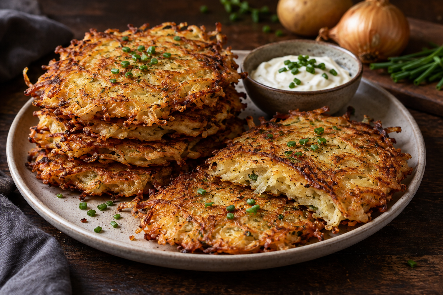 Knusprige Kartoffel-Ei-Pfannkuchen mit Schnittlauch und Sauerrahm