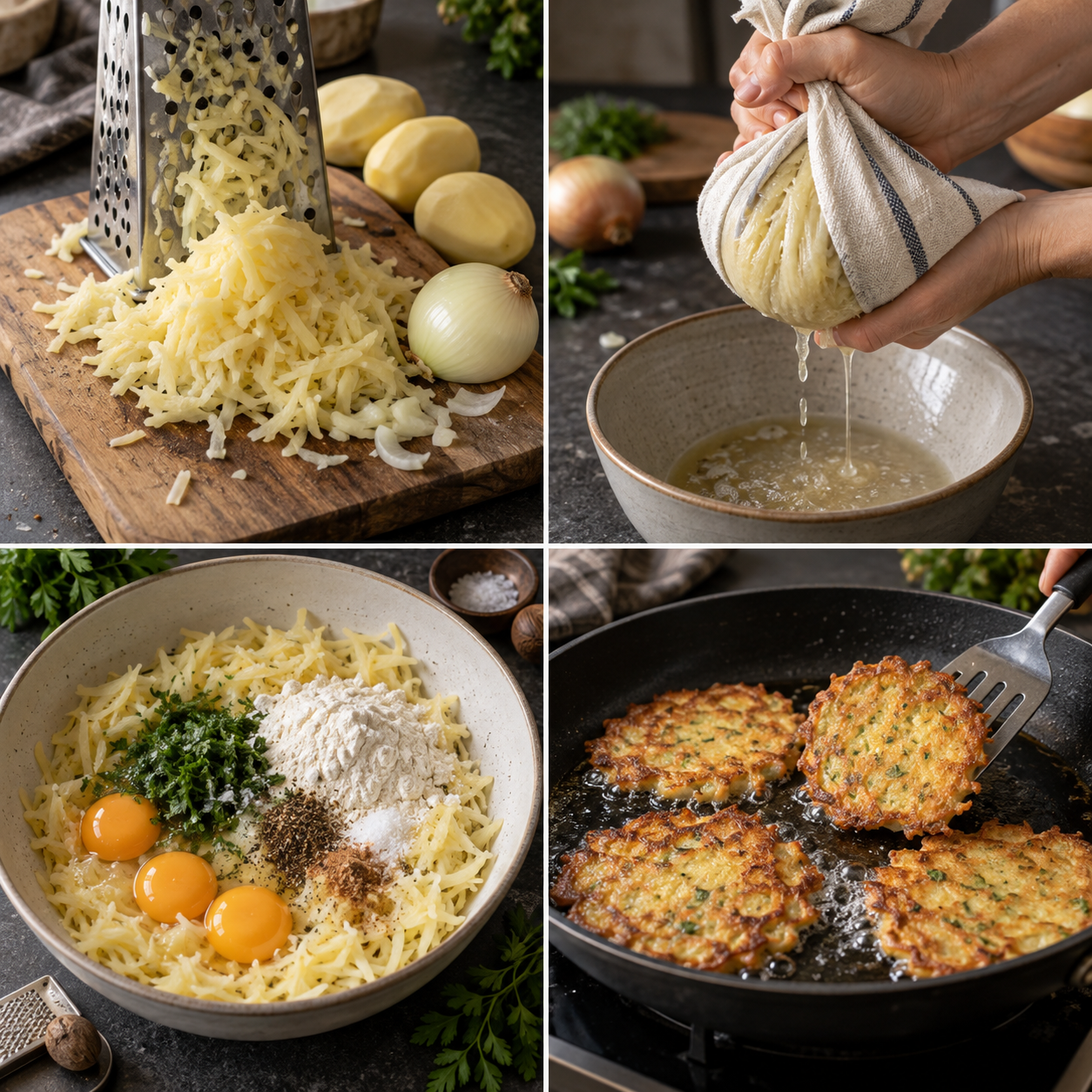 Kartoffeln reiben, ausdrücken, Teig mischen und Pfannkuchen braten
