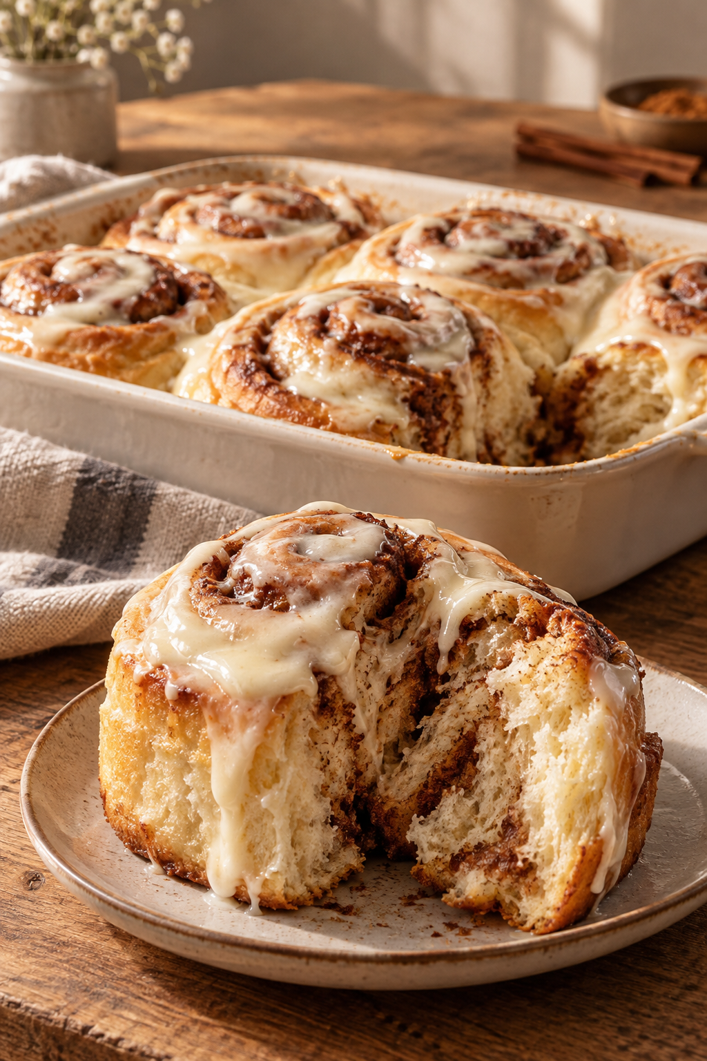 Fluffige Zimtschnecken mit Frischkäseglasur als Pinterest-Motiv