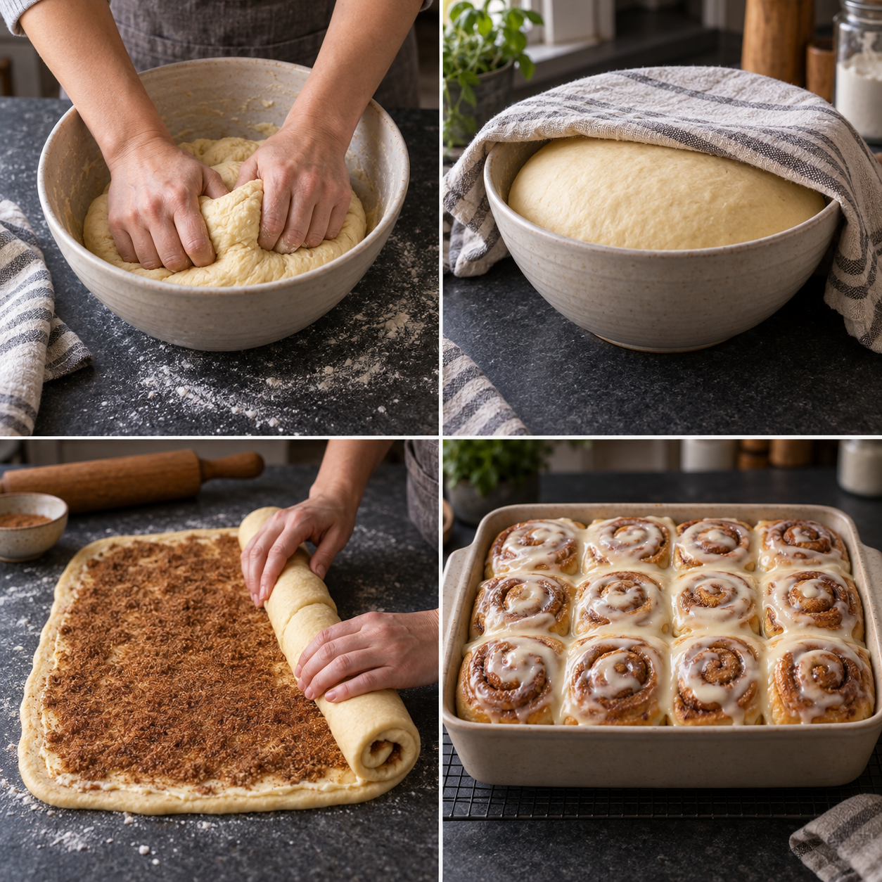 Hefeteig kneten, gehen lassen, mit Zimt füllen und Schnecken backen