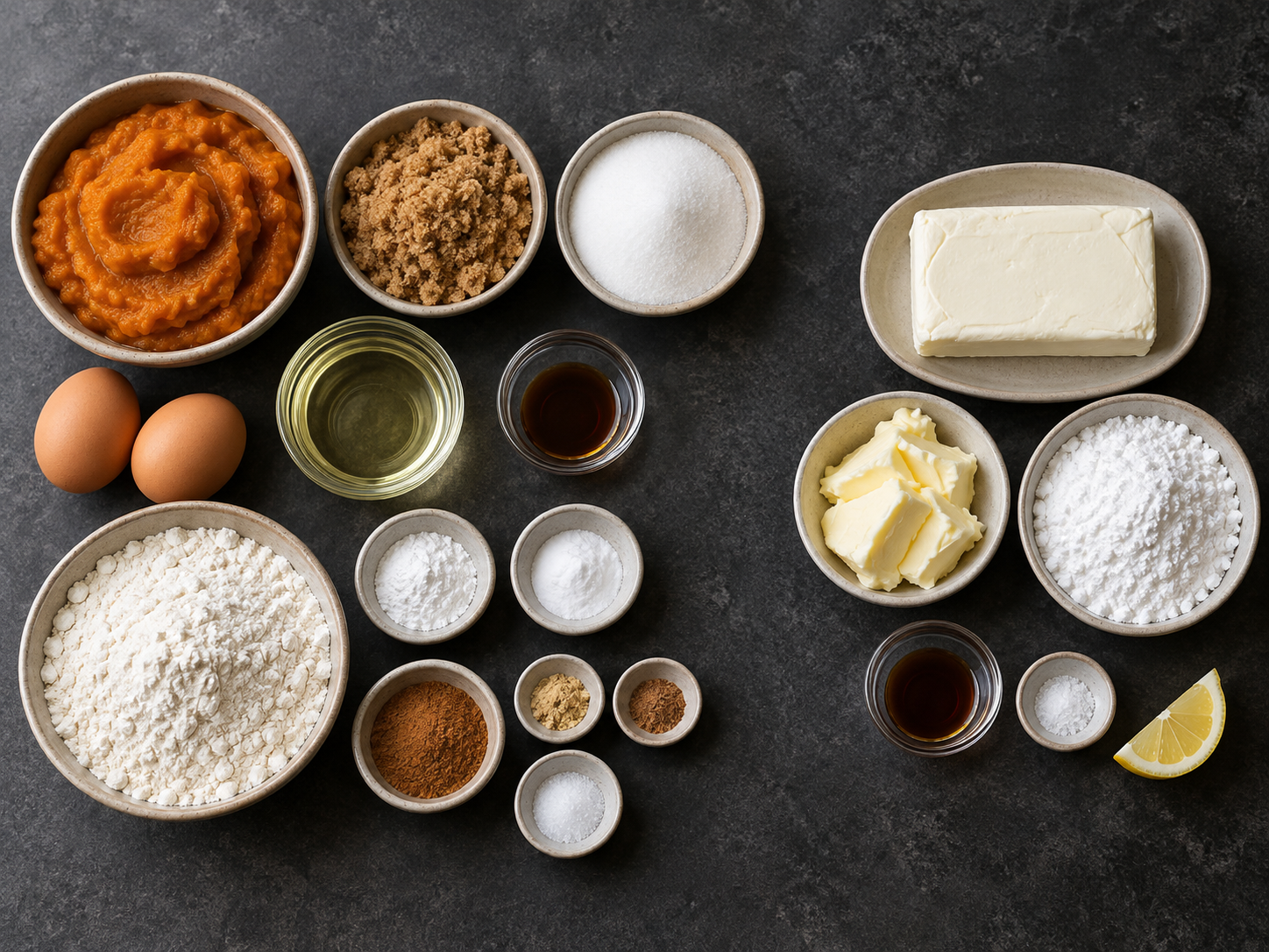 Zutaten für Kürbiskuchen und Frischkäseglasur