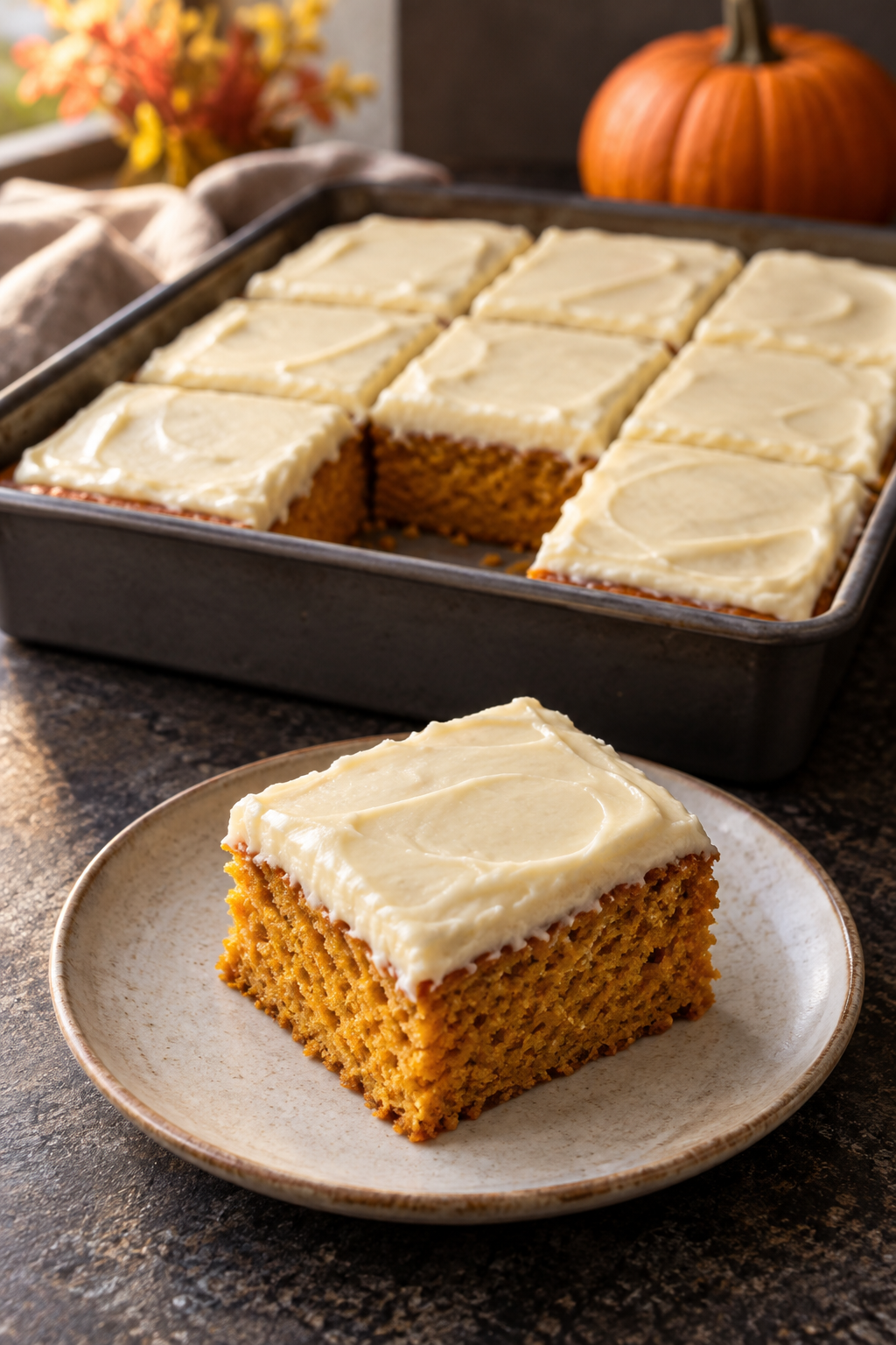 Kürbiskuchen mit Frischkäseglasur als quadratisches Stück