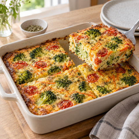 Brokkoli-Ei-Auflauf mit Joghurt und Kirschtomaten in einer hellen Auflaufform