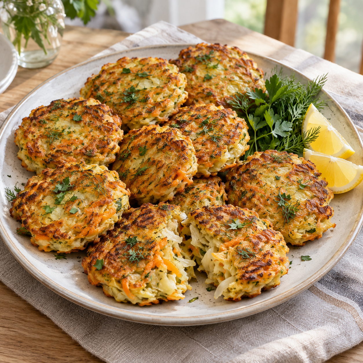 Goldbraune Kohl-Pfannkuchen mit Karotte und frischen Kräutern