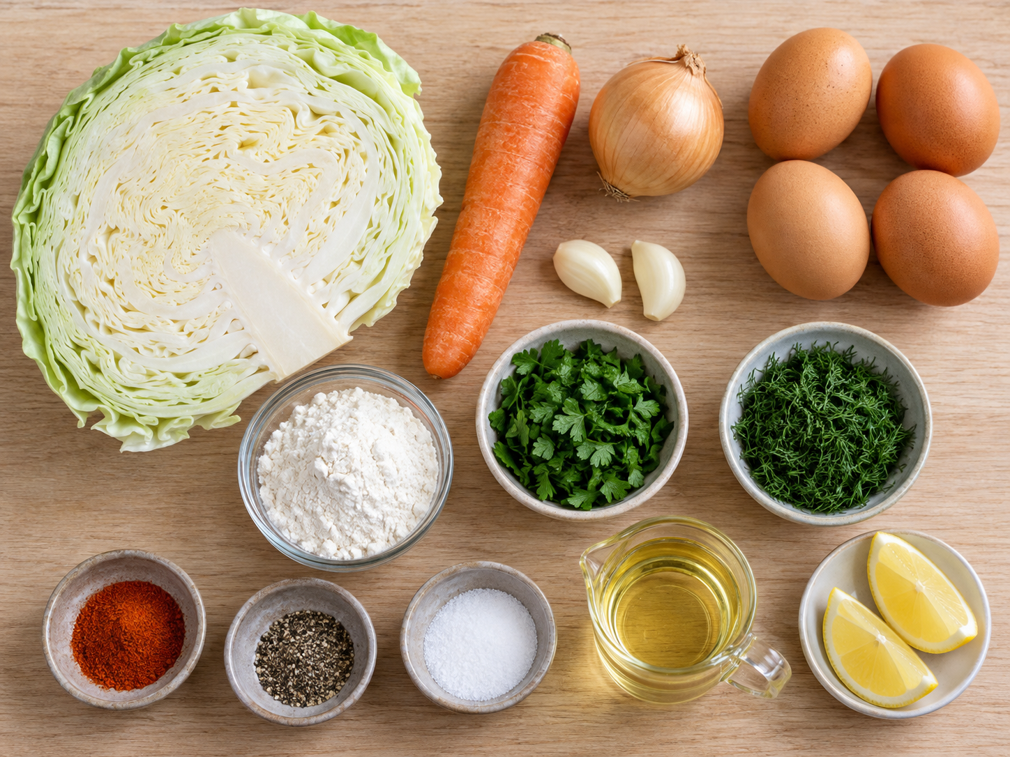 Zutaten für gebratene Kohl-Pfannkuchen mit Kräutern