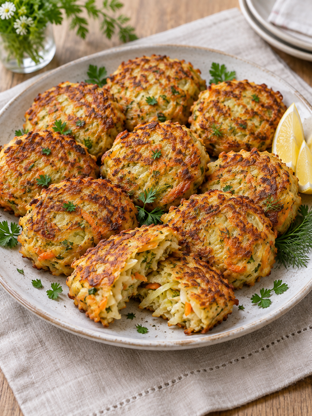 Gebratene Kohl-Pfannkuchen mit Kräutern als Pinterest-Motiv