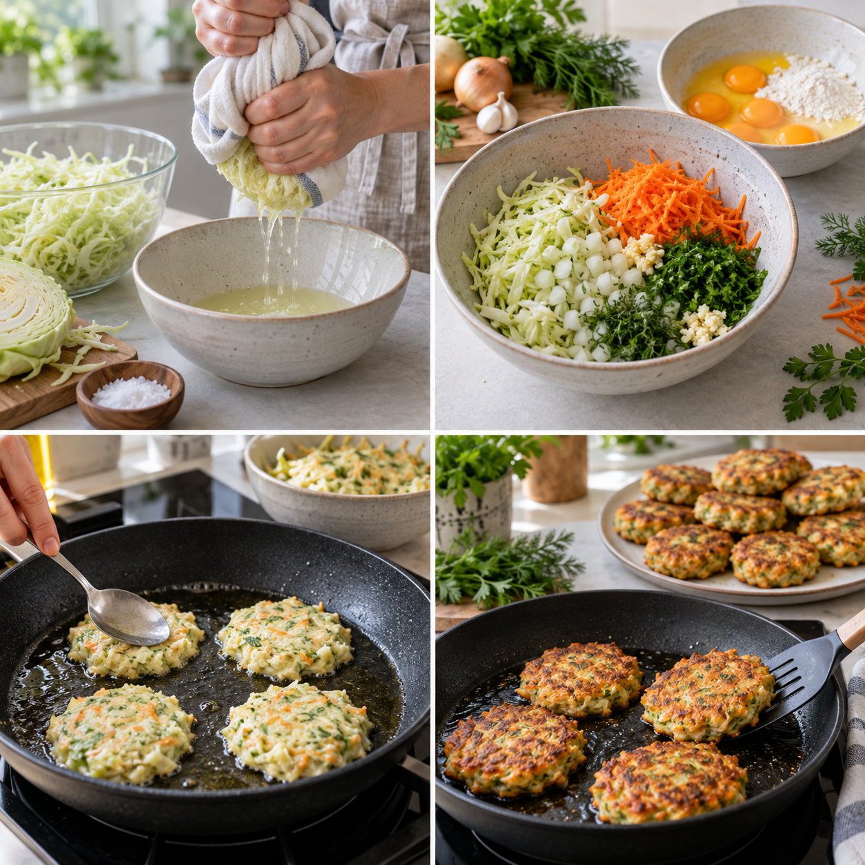 Zubereitung der Kohl-Pfannkuchen in vier Schritten