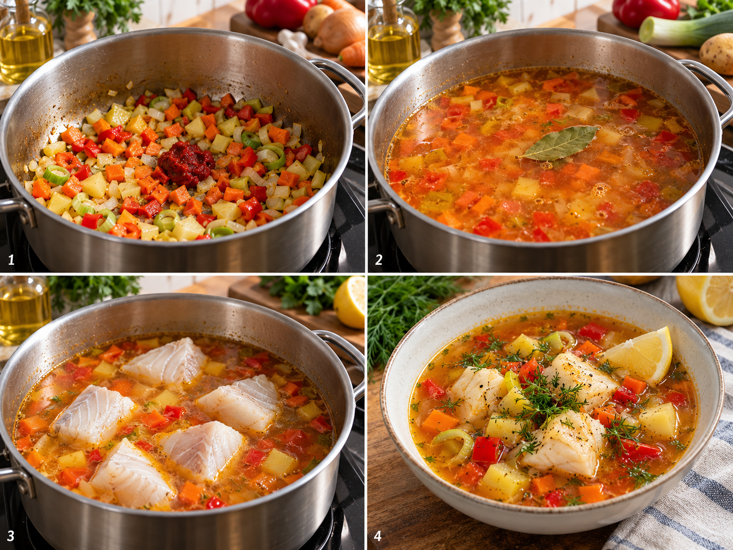 Zubereitungsschritte für Fischsuppe mit Gemüse