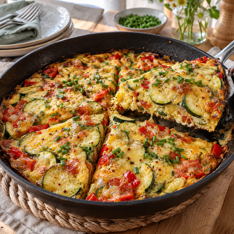 Goldbraune Zucchini-Eier-Pfanne mit Paprika, Tomate und geschmolzenem Käse