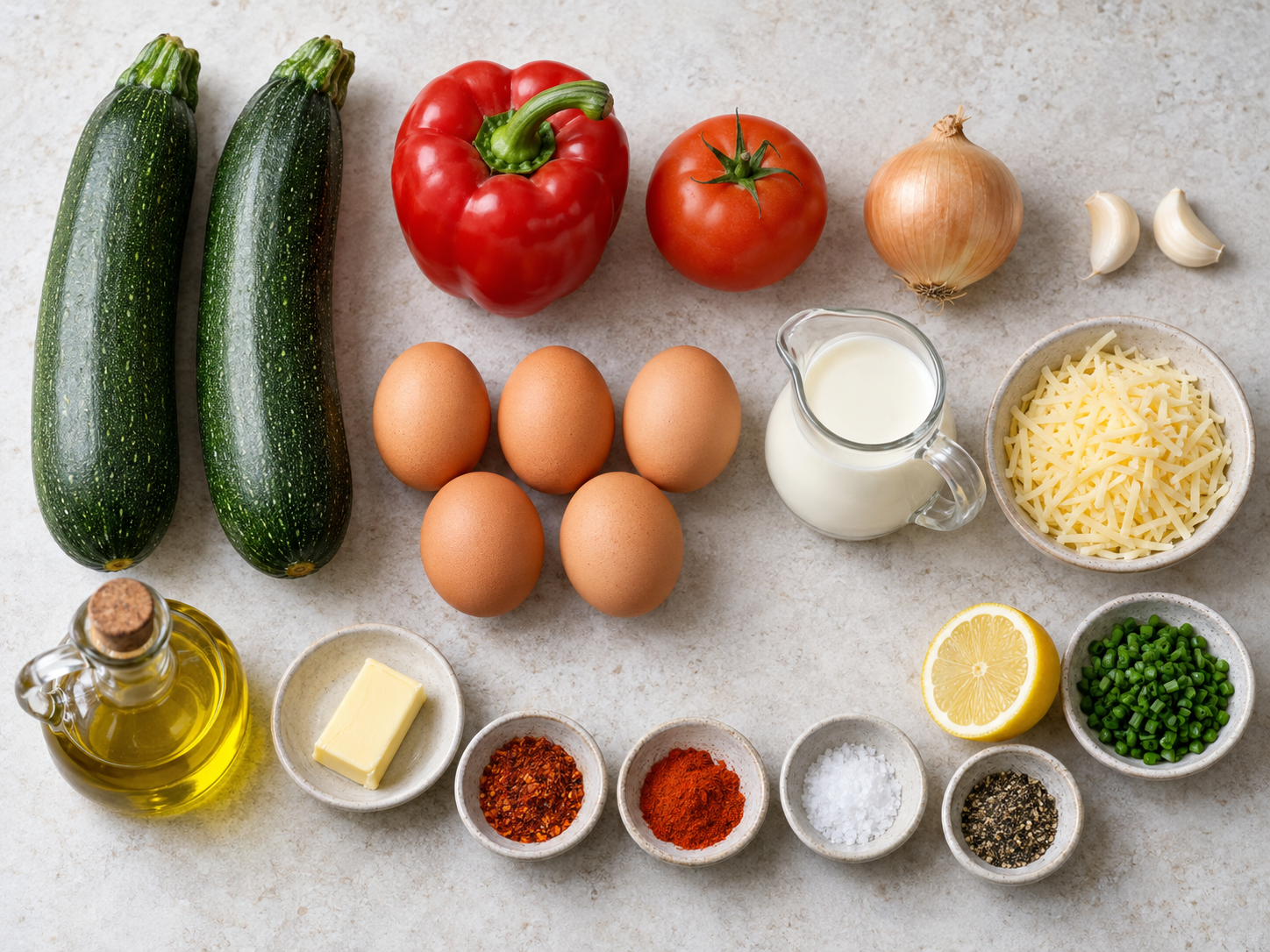 Zutaten für eine Zucchini-Eier-Pfanne mit Chili und Käse