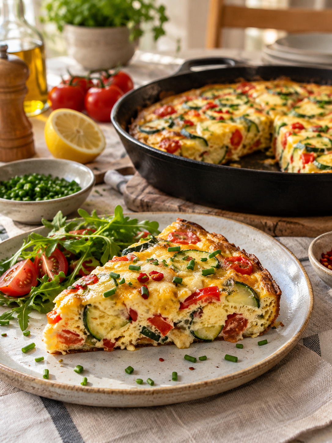 Serviertes Stück Zucchini-Eier-Pfanne mit Chili und Käse
