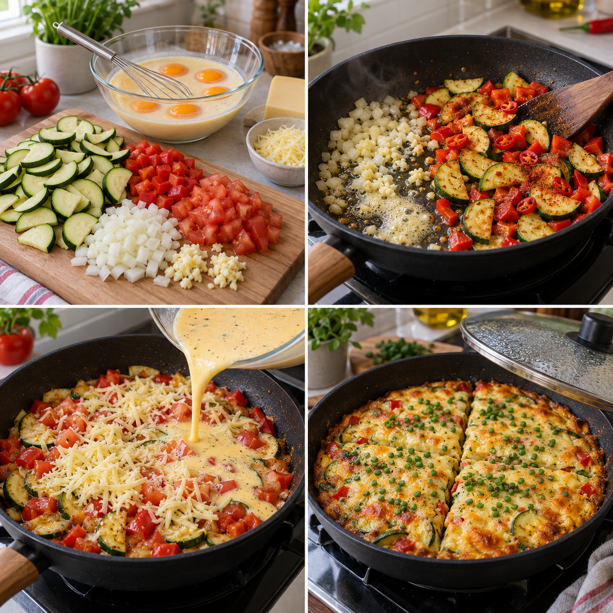 Vier Zubereitungsschritte für die Zucchini-Eier-Pfanne