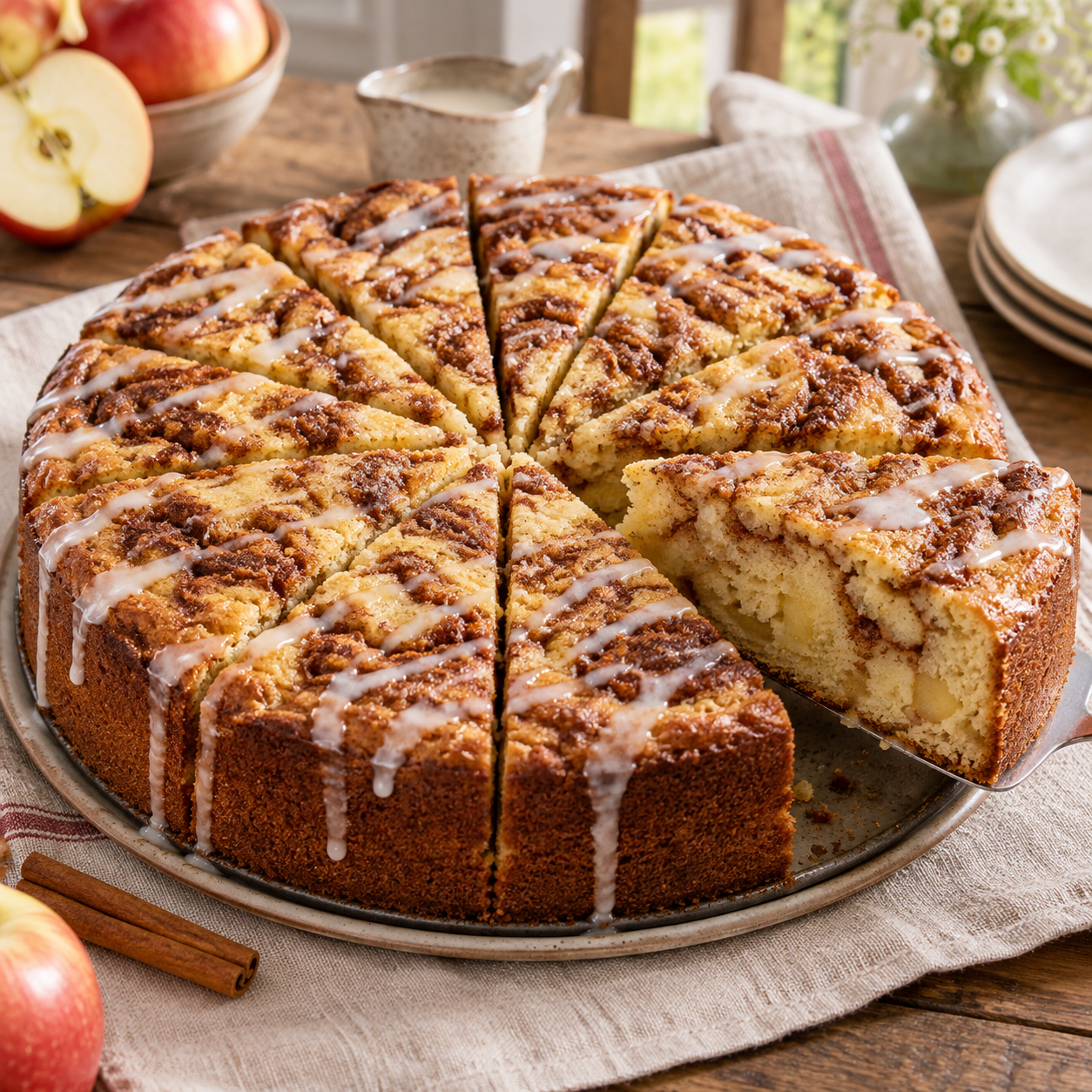 Saftiger Zimtschnecken-Apfelkuchen mit Zimtstrudel und Vanilleglasur