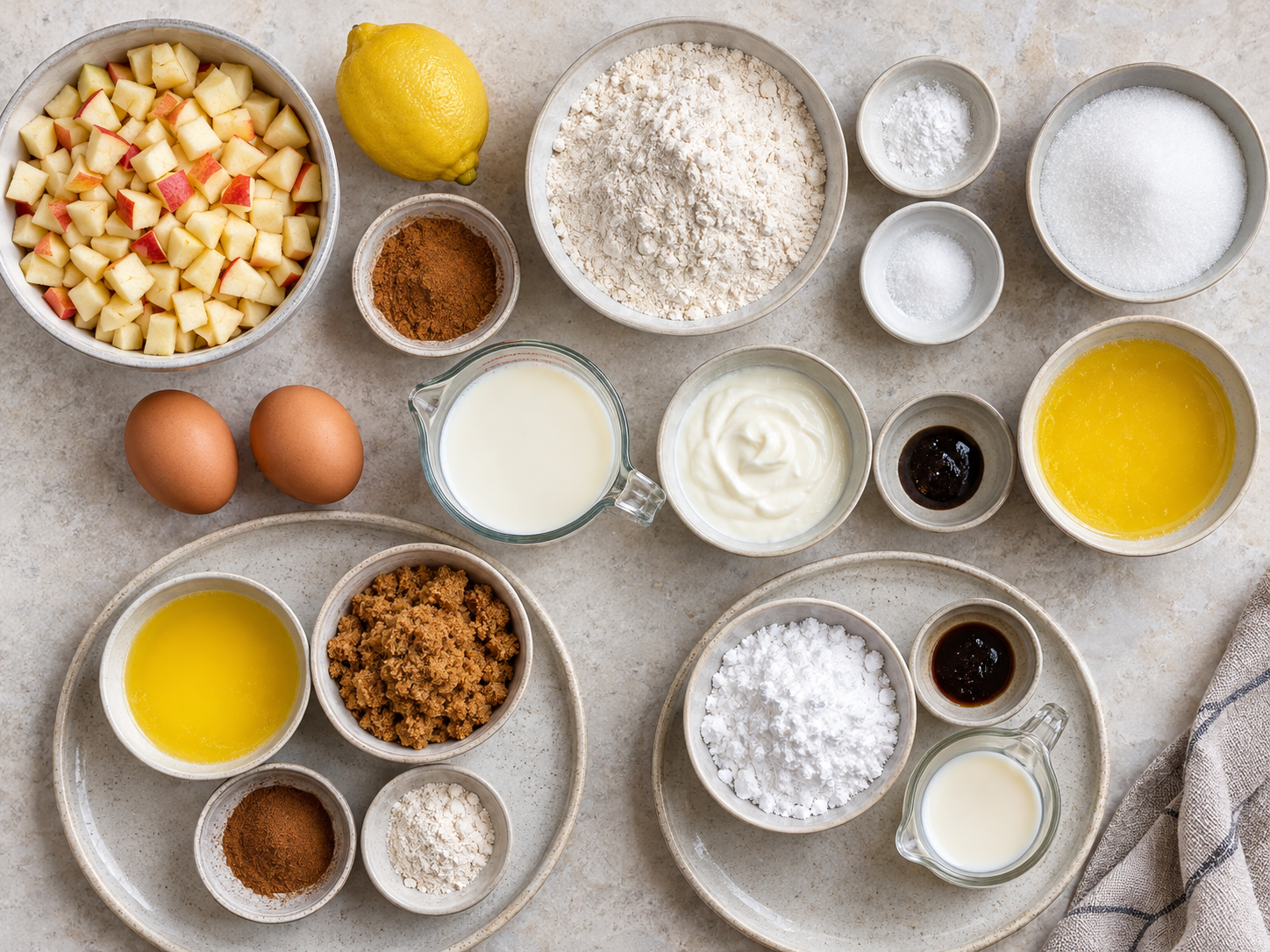 Zutaten für Zimtschnecken-Apfelkuchen mit Äpfeln und Vanilleglasur