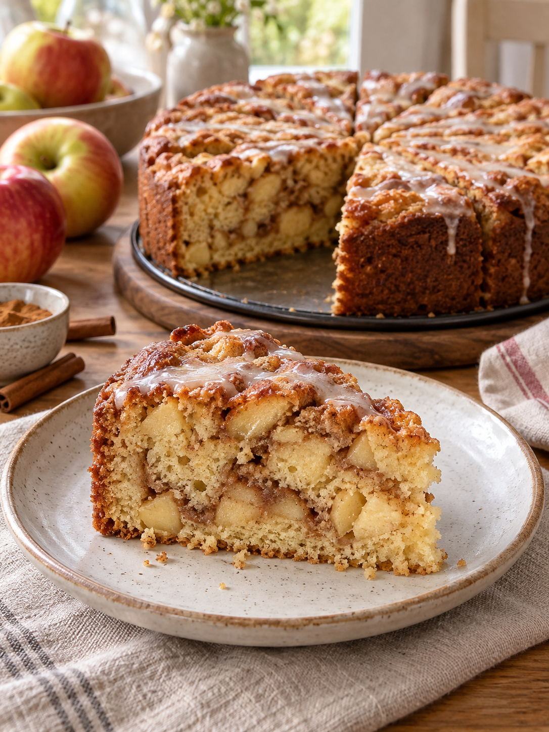 Stück Zimtschnecken-Apfelkuchen mit Apfelstücken und Zimtstrudel