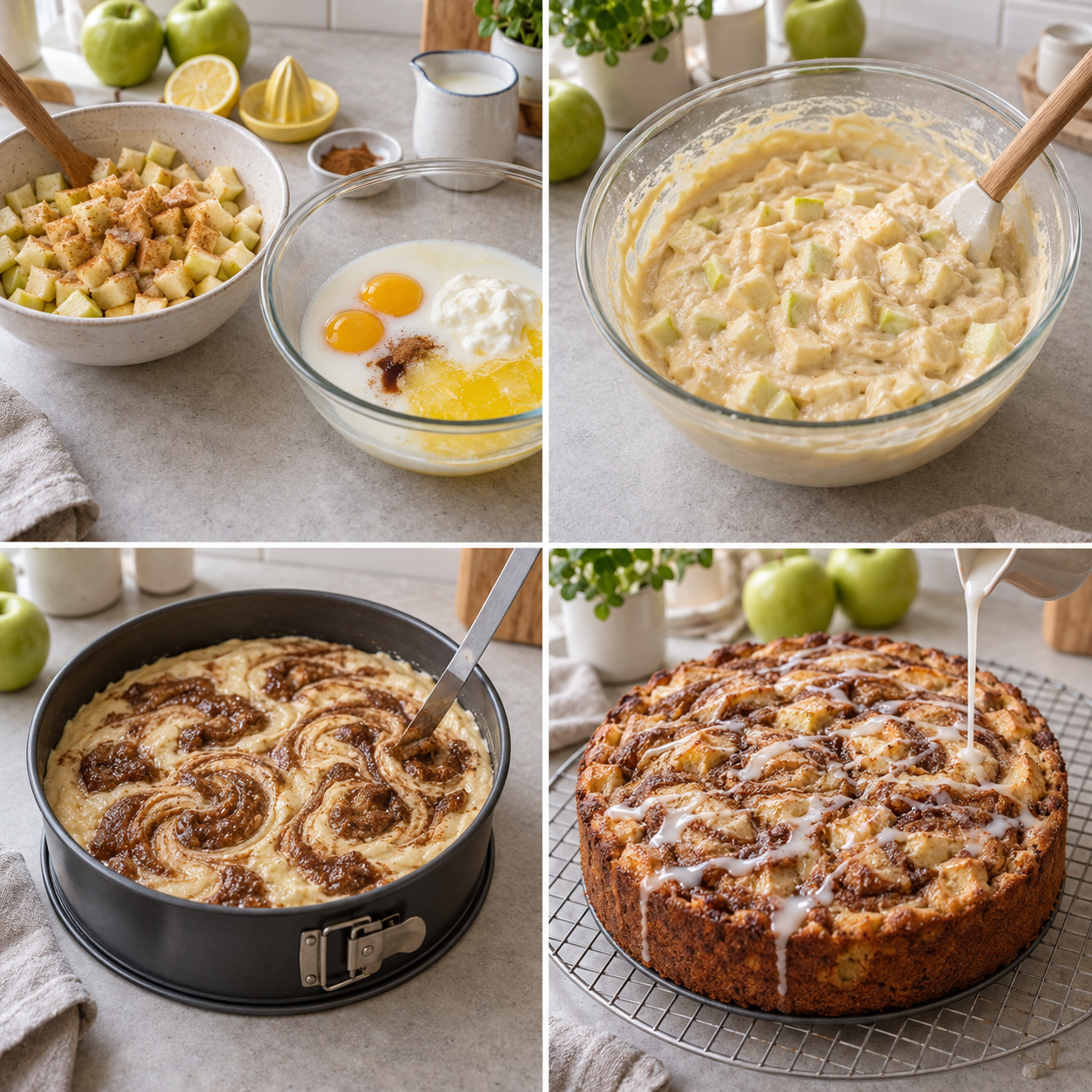 Vier Zubereitungsschritte für Zimtschnecken-Apfelkuchen