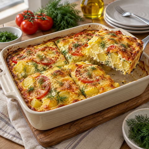 Goldbrauner Käse-Ei-Auflauf mit Kartoffeln, Tomaten und frischem Dill