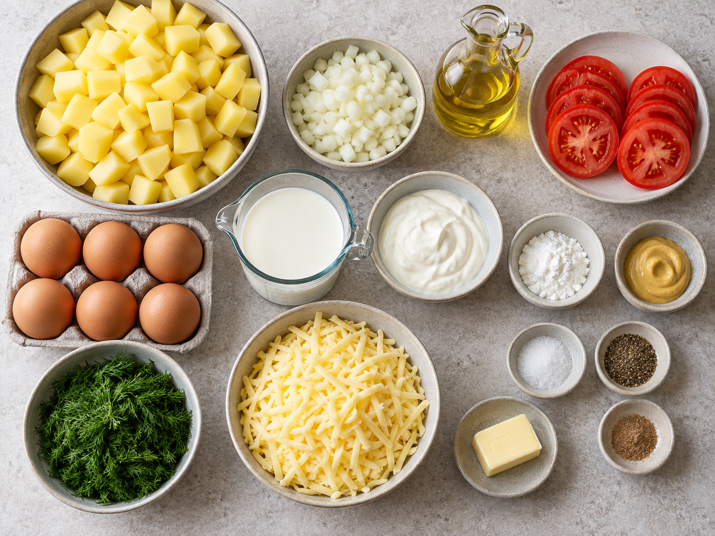 Zutaten für Käse-Ei-Auflauf mit Kartoffeln und Dill