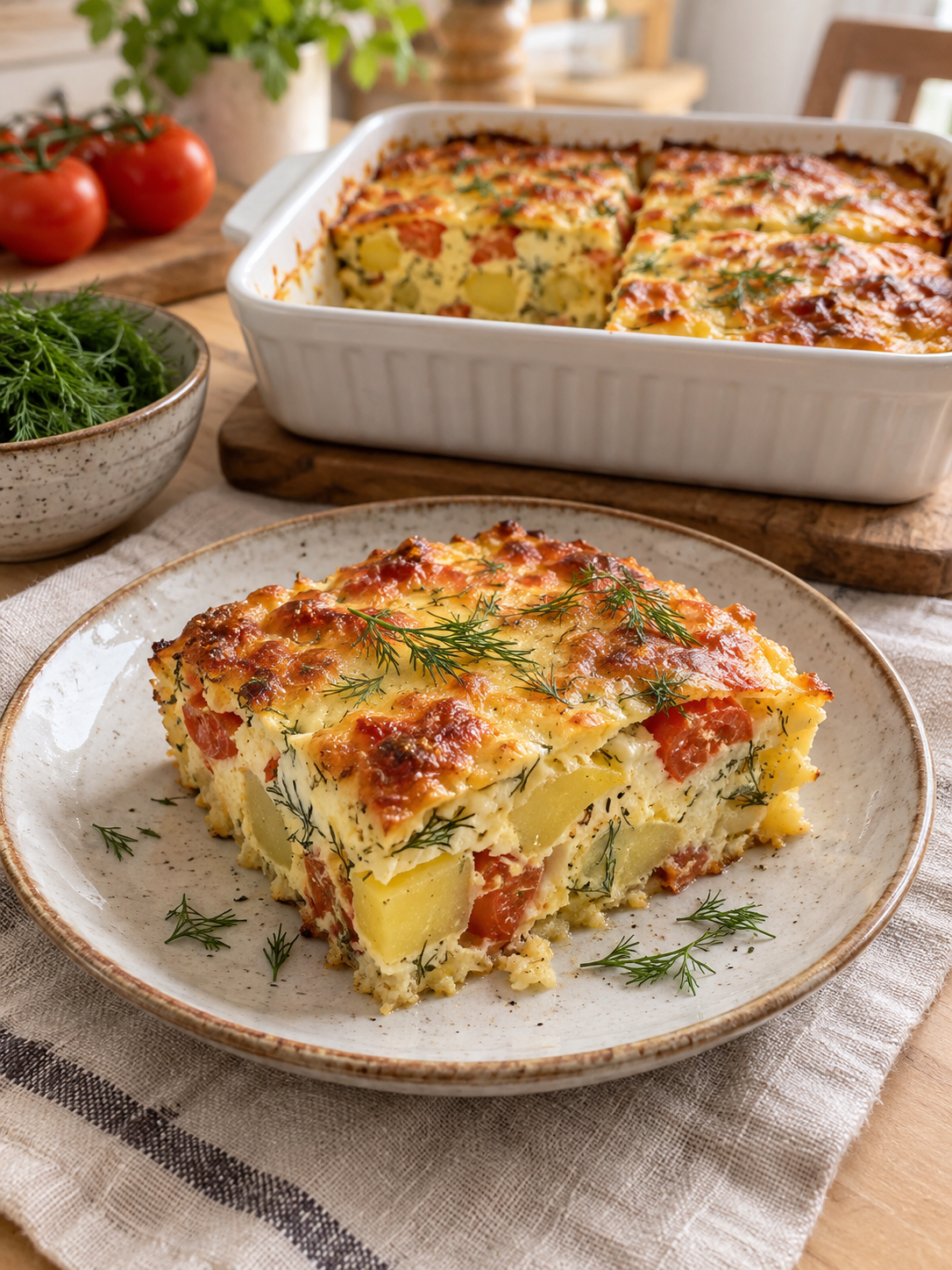 Portion Käse-Ei-Auflauf mit Kartoffeln, Tomaten und Dill