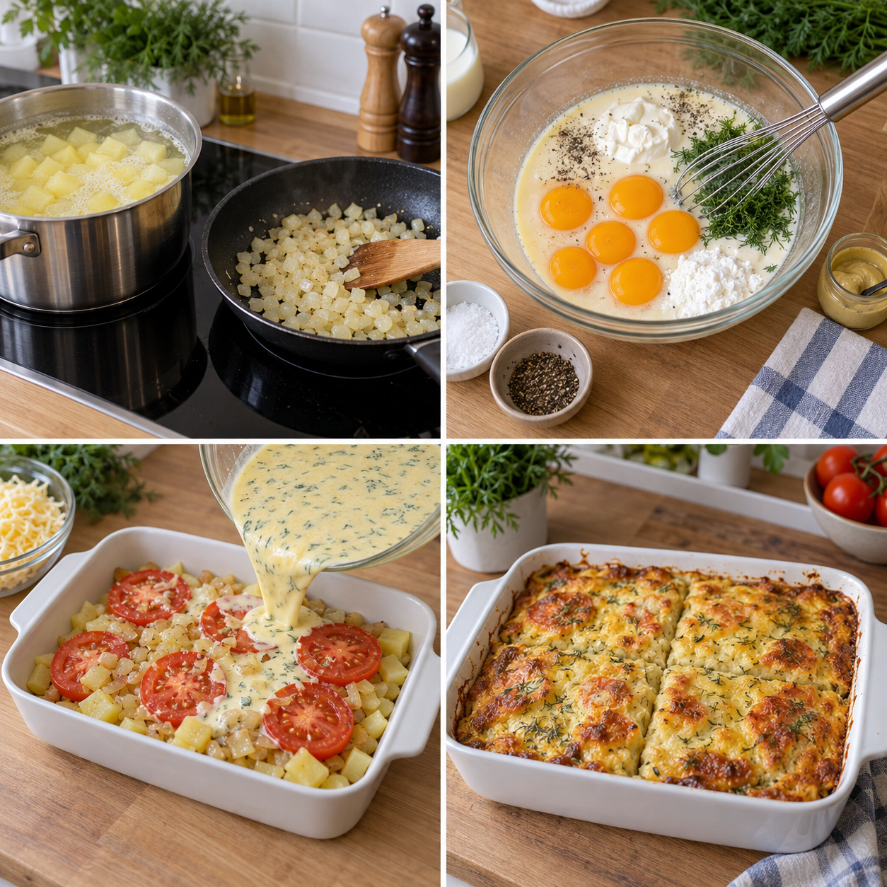 Vier Zubereitungsschritte für Käse-Ei-Auflauf