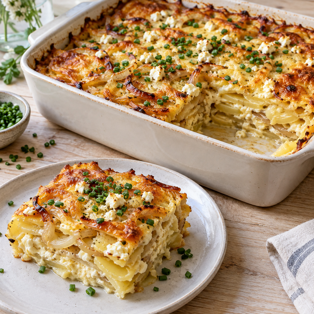 Zwiebel-Kartoffel-Auflauf mit goldener Käsekruste und Schnittlauch