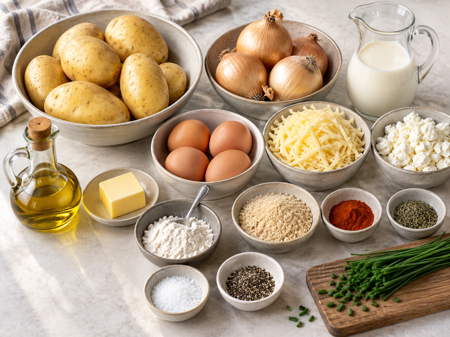Zutaten für Zwiebel-Kartoffel-Auflauf mit Käse und Eiern