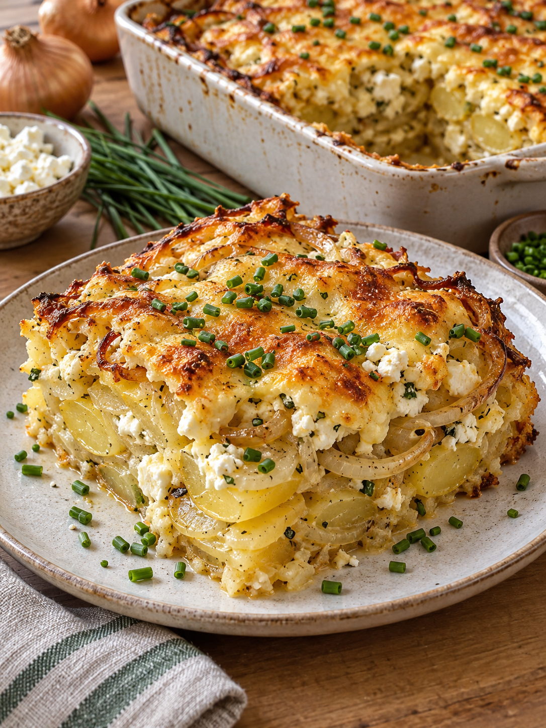 Goldbrauner Zwiebel-Kartoffel-Auflauf mit Käse und Schnittlauch