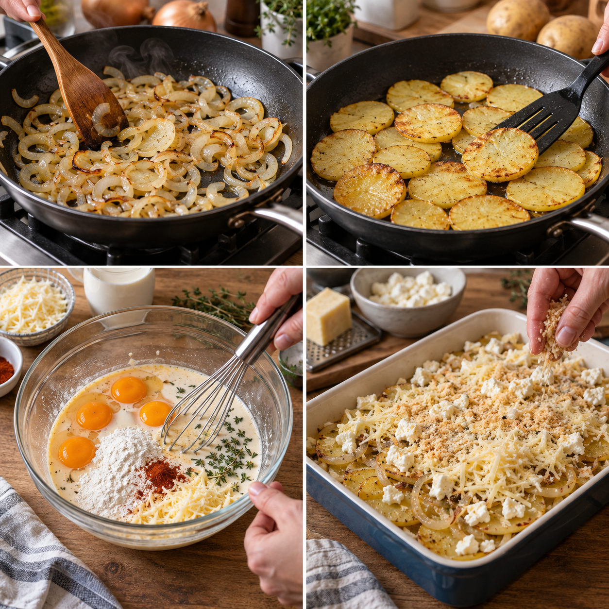Vier Zubereitungsschritte für Zwiebel-Kartoffel-Auflauf