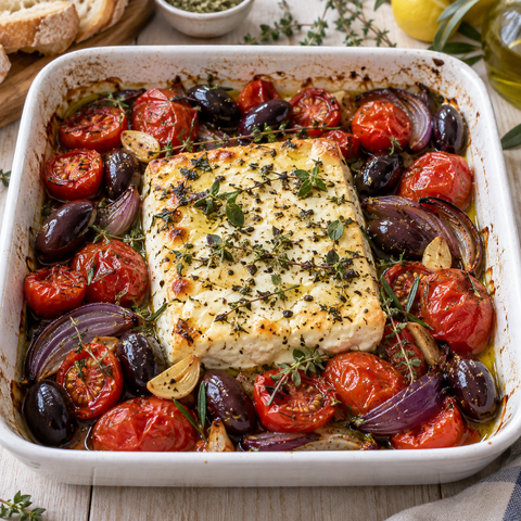 Überbackener Schafskäse mit Tomaten, Oliven und Kräuteröl