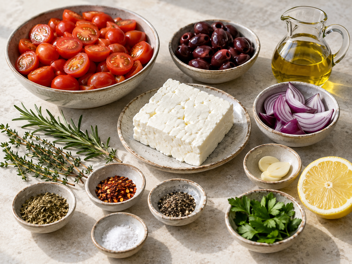 Zutaten für überbackenen Schafskäse mit Tomaten und Oliven