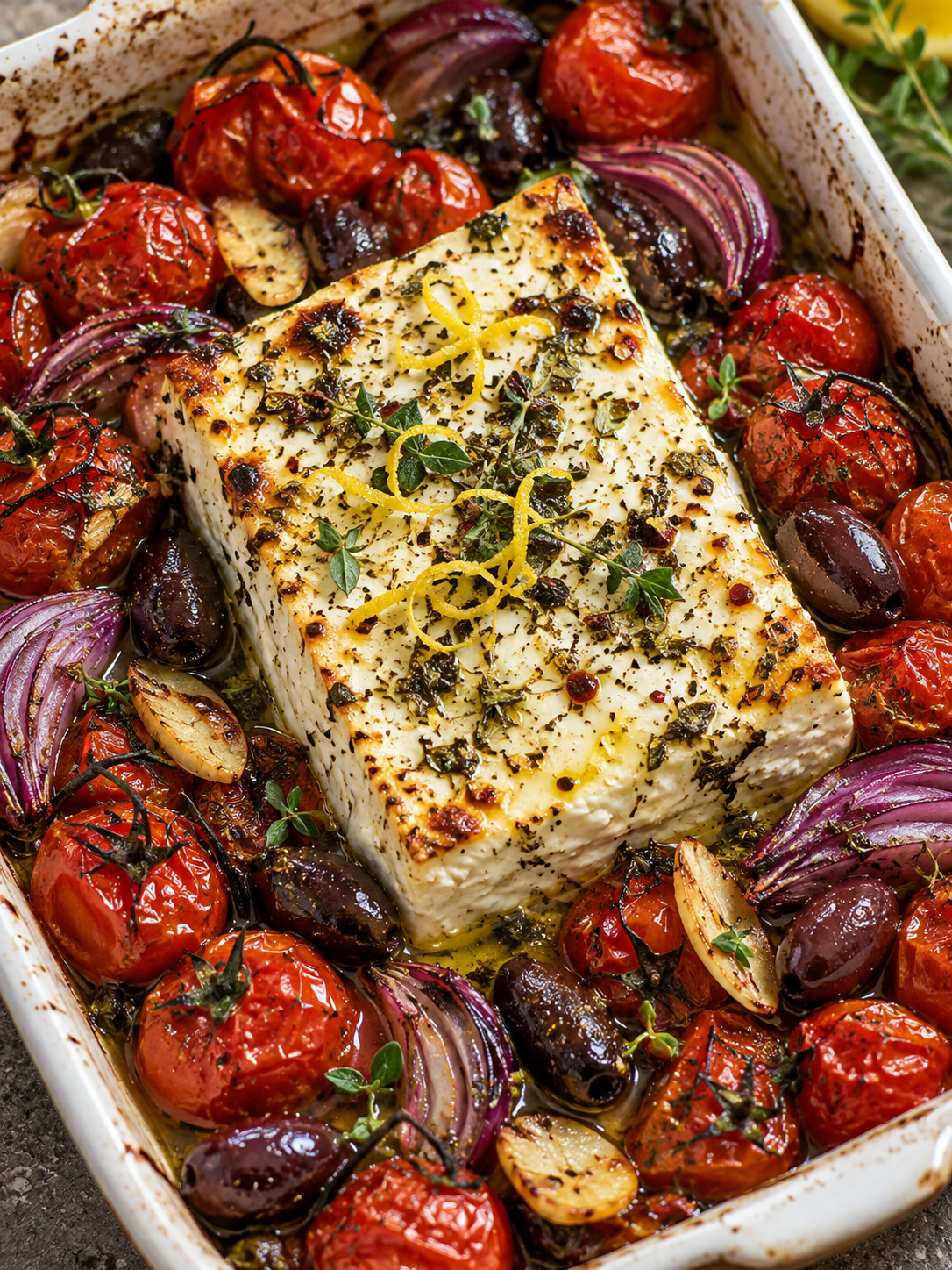 Überbackener Schafskäse mit Tomaten, Oliven und Kräutern von oben