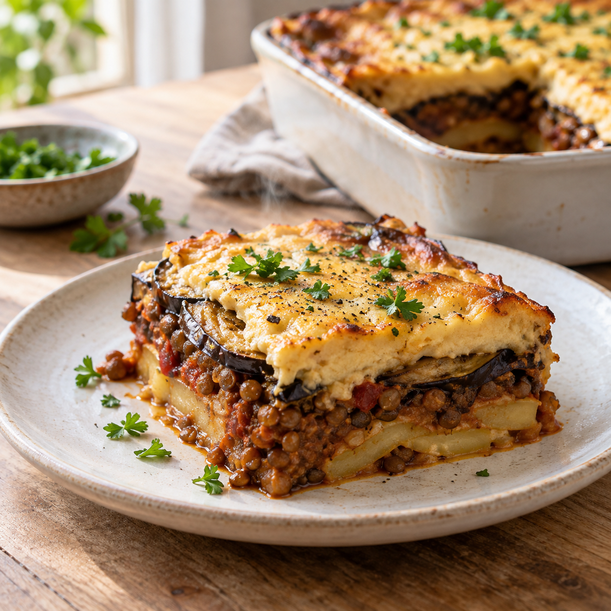 Veganes Moussaka mit Linsen, Auberginen und goldener Béchamel