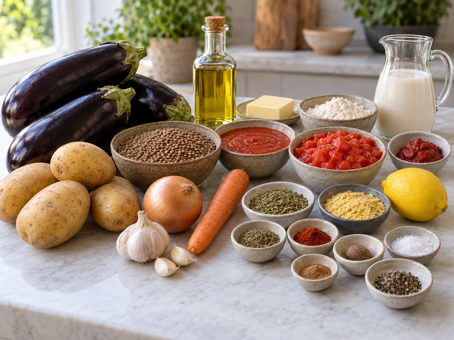 Zutaten für veganes Moussaka mit Linsen und Auberginen