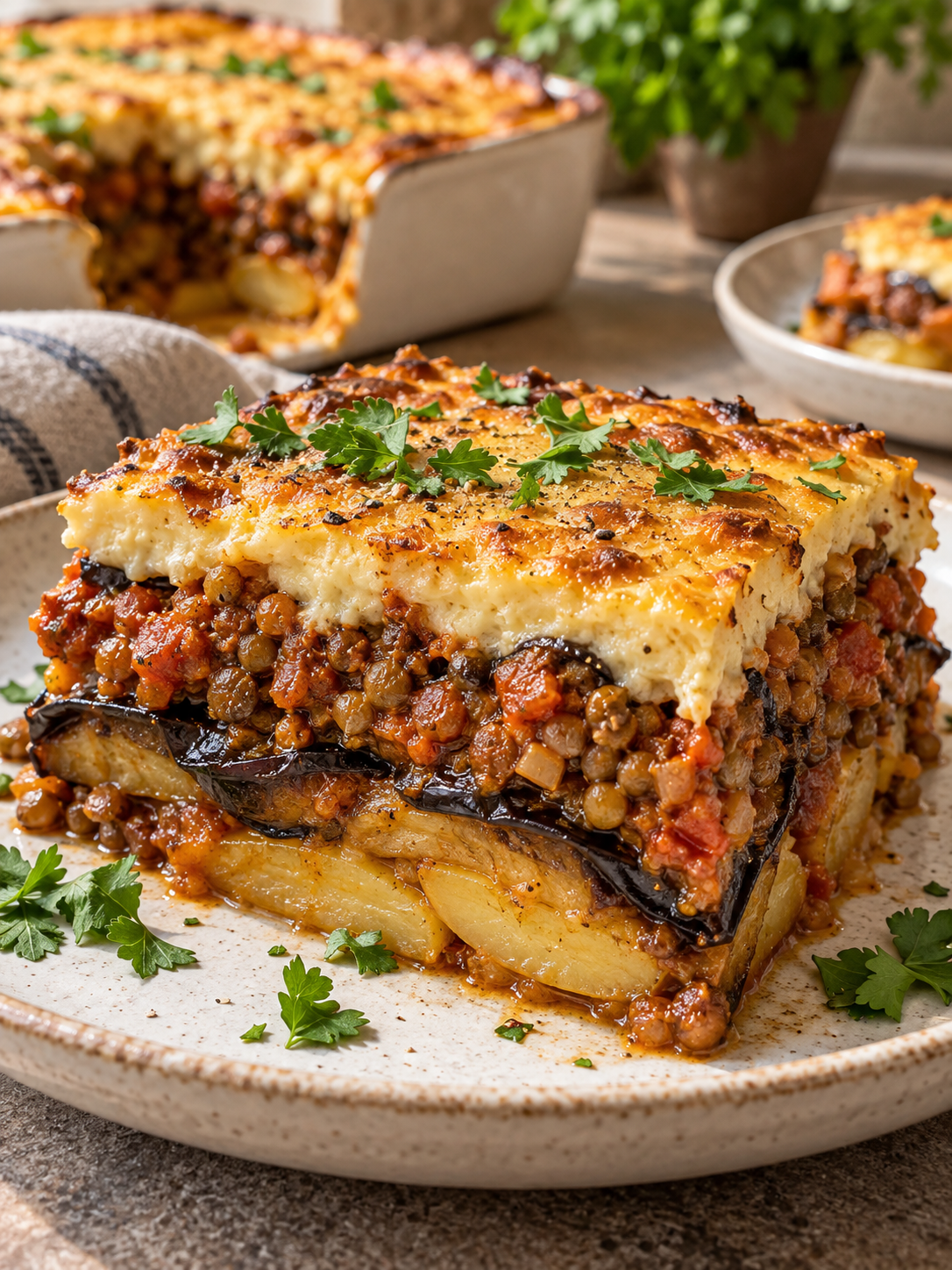 Veganes Linsen-Moussaka mit sichtbaren Gemüseschichten