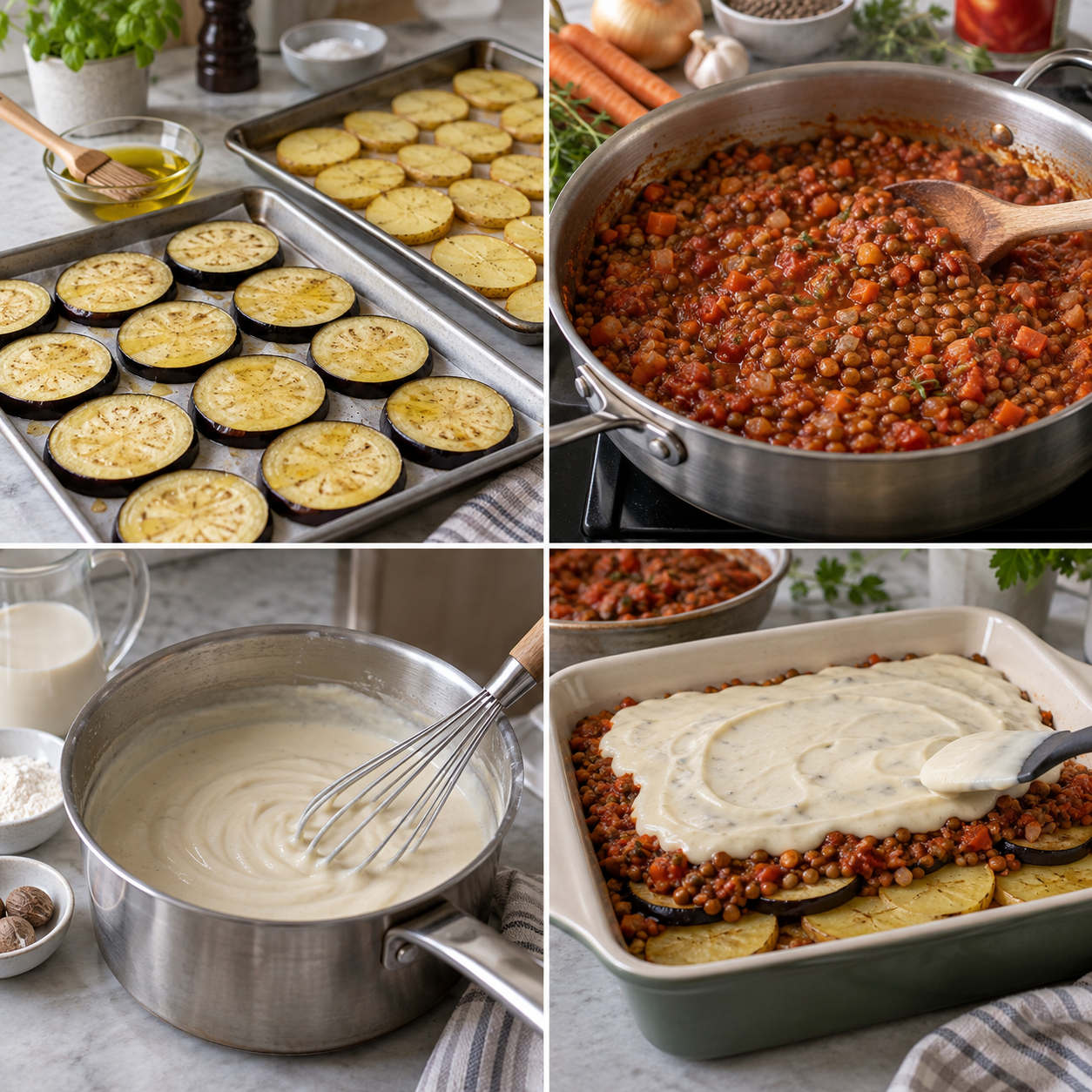 Zubereitung von veganem Moussaka mit Linsen