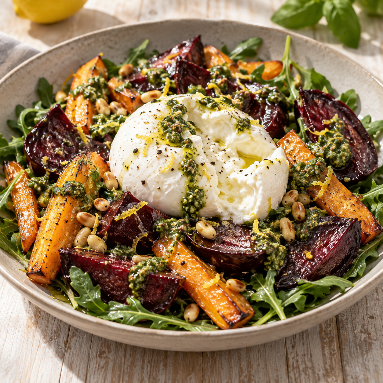 Warmer Rote-Bete-Karottensalat mit Pesto, Burrata und Pinienkernen