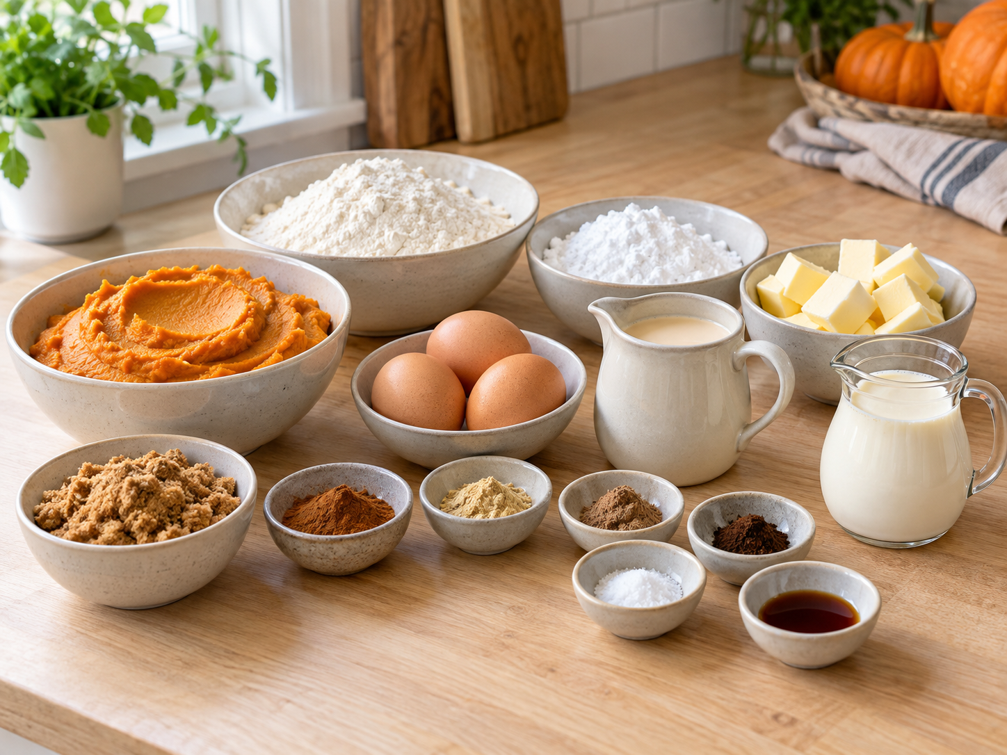 Zutaten für Kürbistarte mit Kürbispüree, Gewürzen, Butter und Eiern