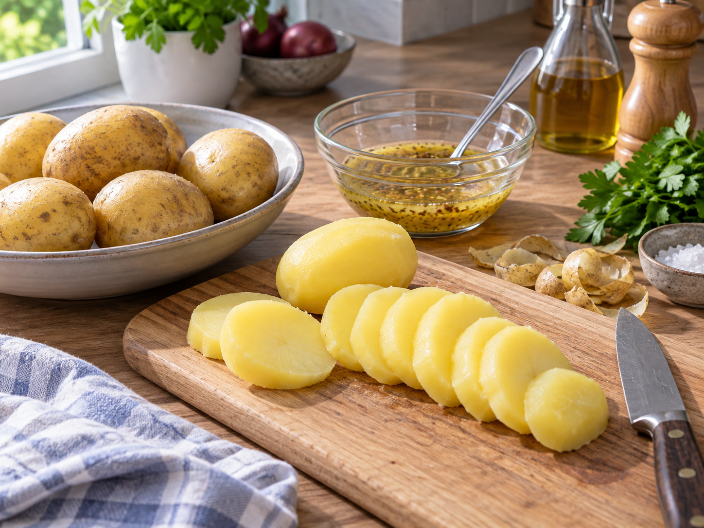 Gekochte Kartoffeln werden für Erdäpfelsalat in Scheiben vorbereitet.