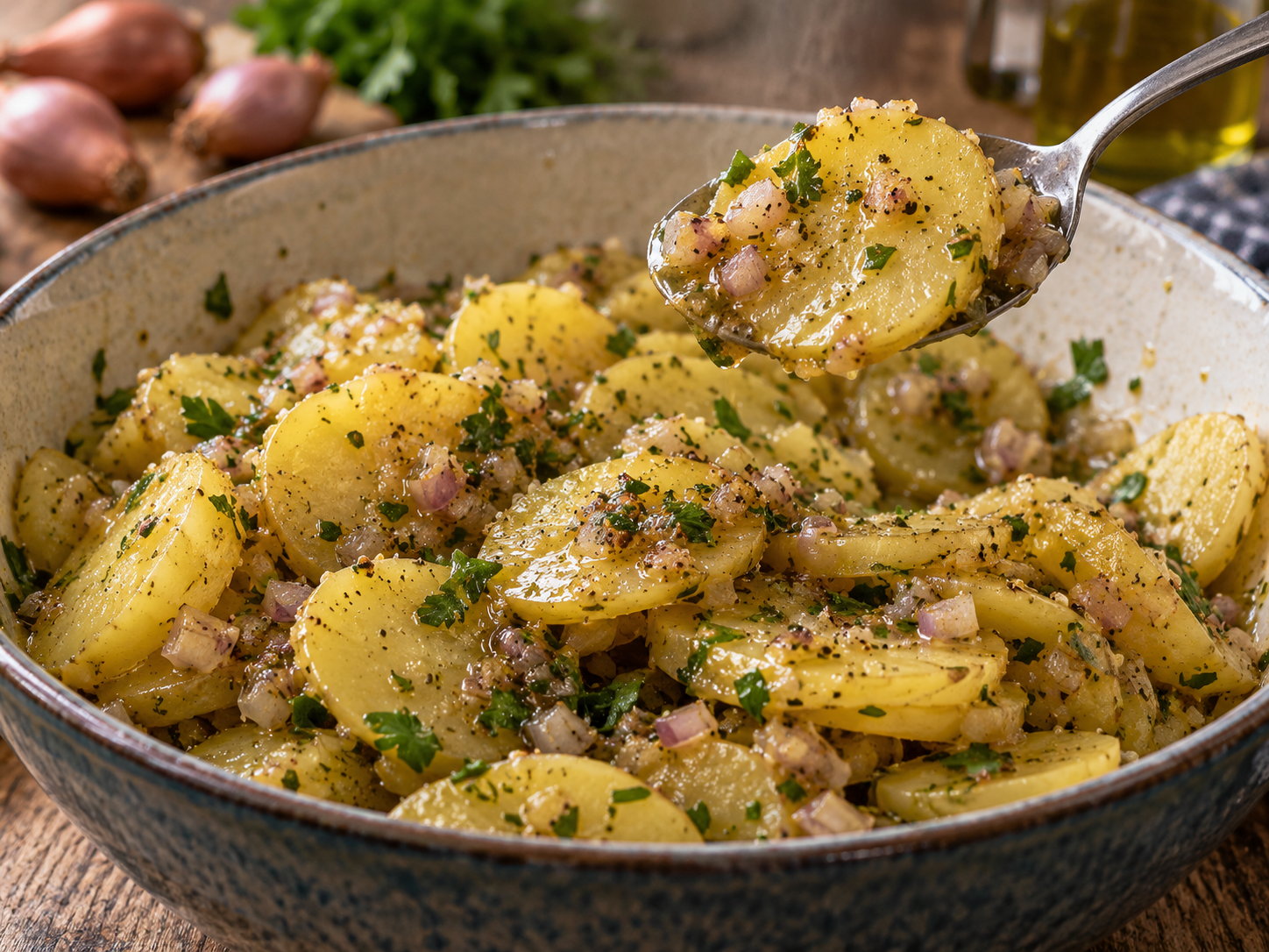 Warm marinierte Kartoffelscheiben ziehen in einer Schüssel mit Dressing.