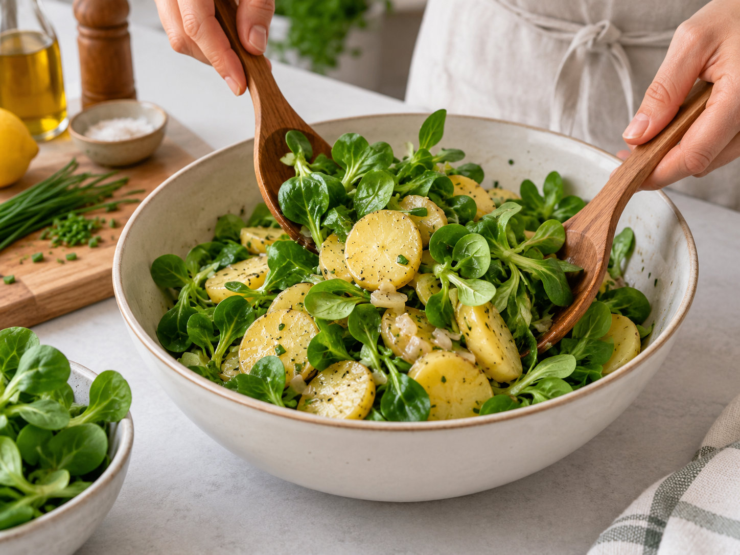 Frischer Vogerlsalat wird kurz vor dem Servieren unter Kartoffelsalat gehoben.