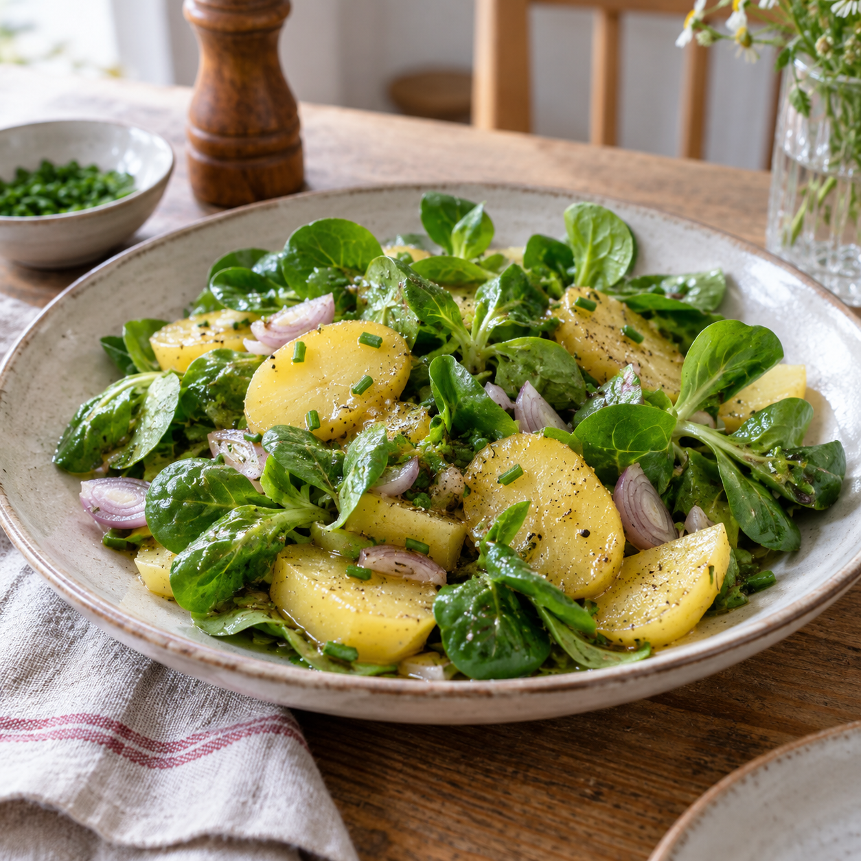 Schale mit Erdäpfel-Vogerlsalat aus Kartoffelscheiben und frischem Feldsalat.