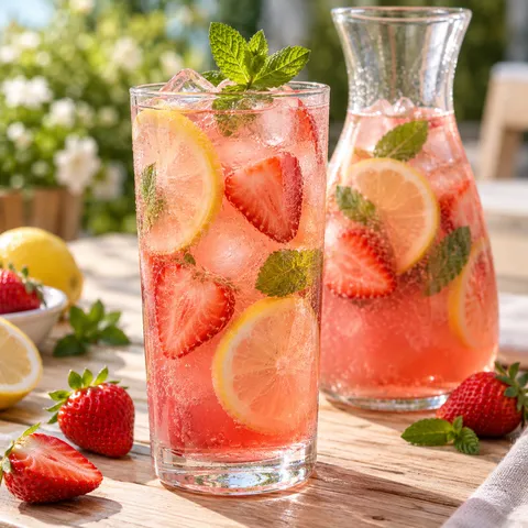 Erdbeer-Limonade mit Eis, Zitrone und Minze im Glas
