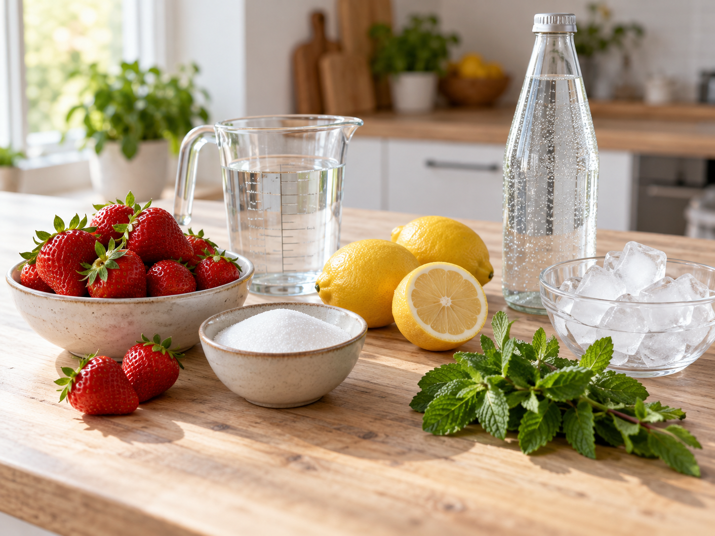 Zutaten für Erdbeer-Limonade mit Erdbeeren, Zitronen und Minze