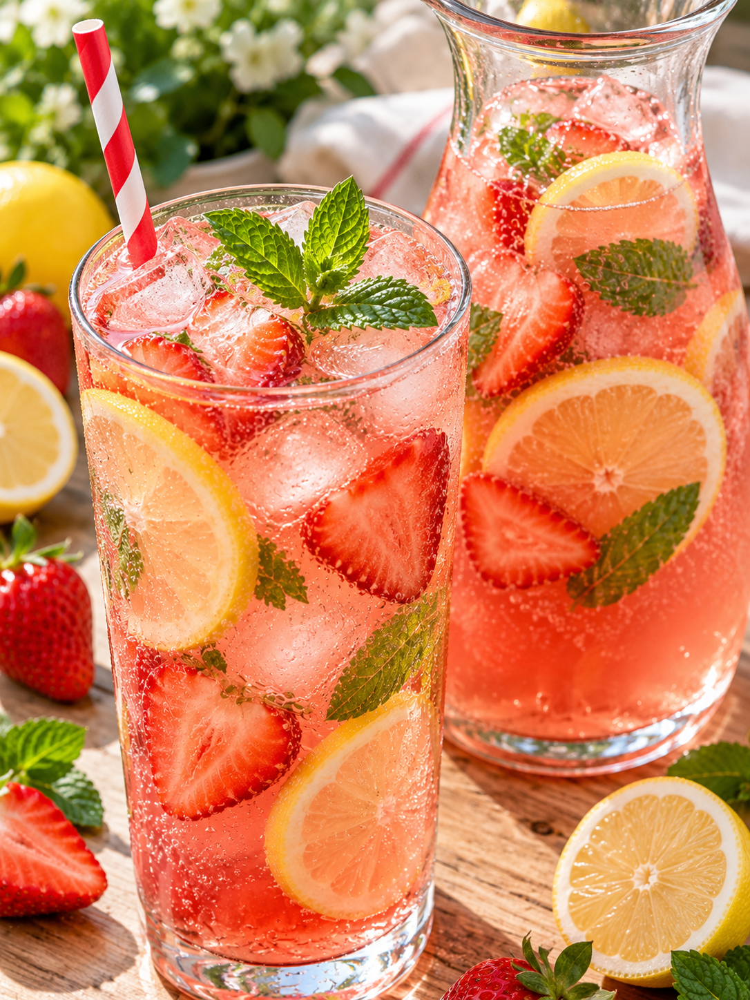 Rosarote Erdbeer-Limonade mit Eis, Erdbeeren, Zitrone und Minze