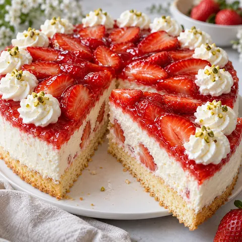Erdbeer-Quark-Torte mit Biskuit, Creme und glänzendem Erdbeerbelag