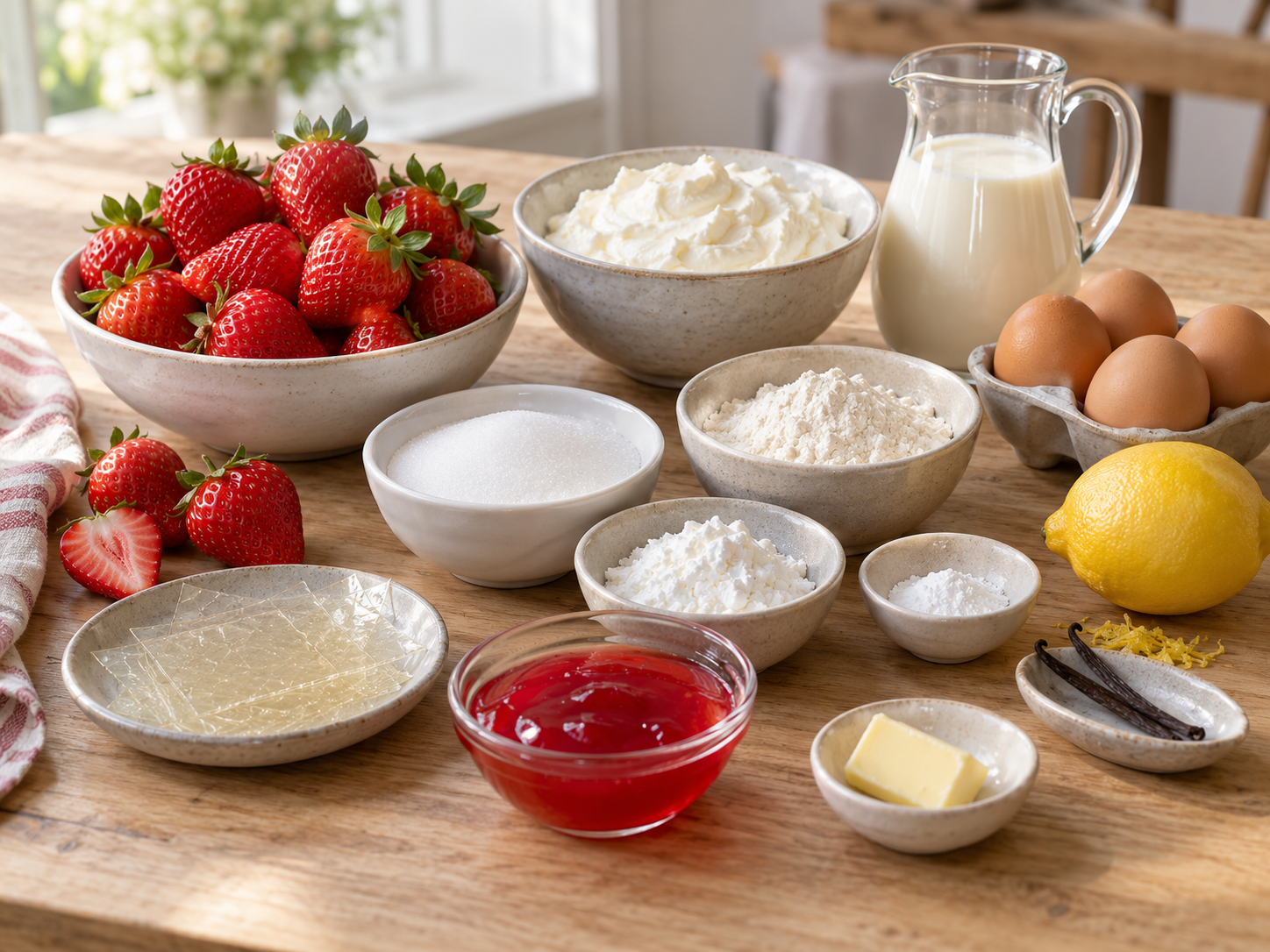 Zutaten für Erdbeer-Quark-Torte mit Erdbeeren, Quark, Sahne und Biskuitzutaten