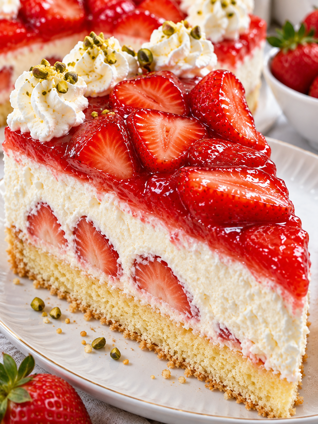 Stück Erdbeer-Quark-Torte mit glatter Creme und glänzenden Erdbeeren