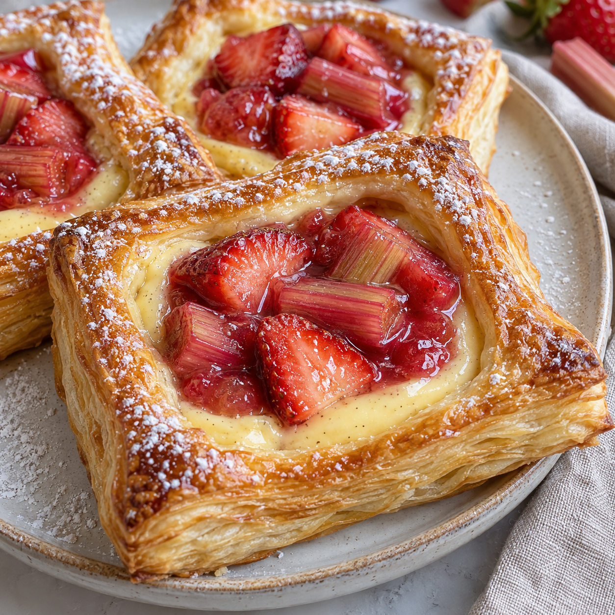 Erdbeer-Rhabarber-Blätterteigteilchen mit Pudding und Puderzucker