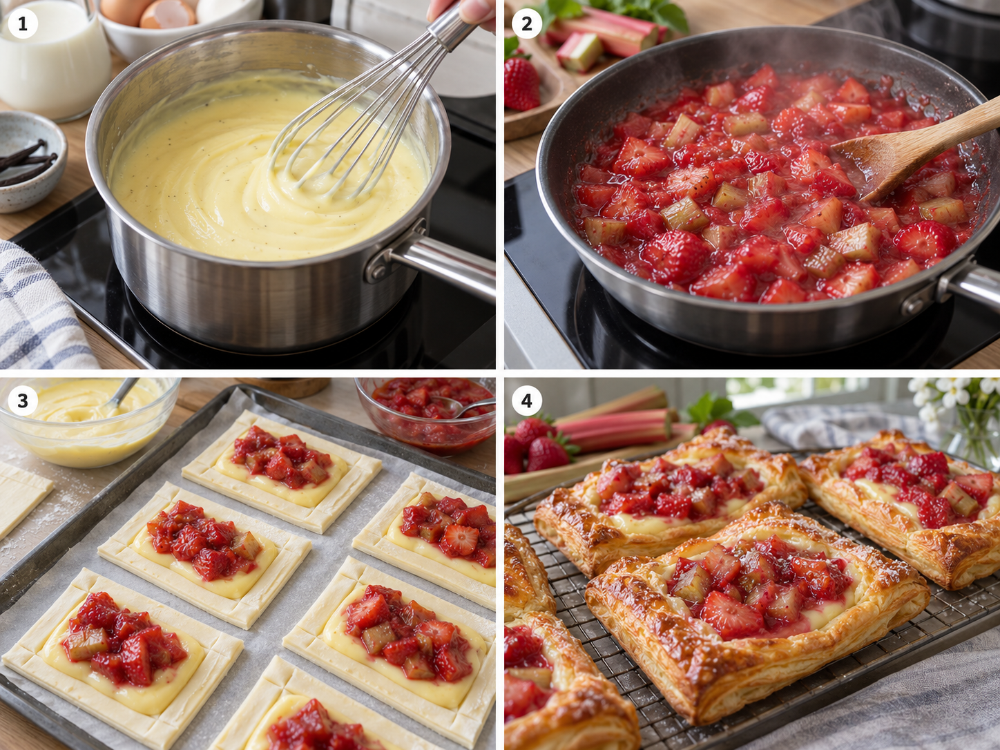Vier Schritte für Blätterteigteilchen mit Pudding und Fruchtfüllung